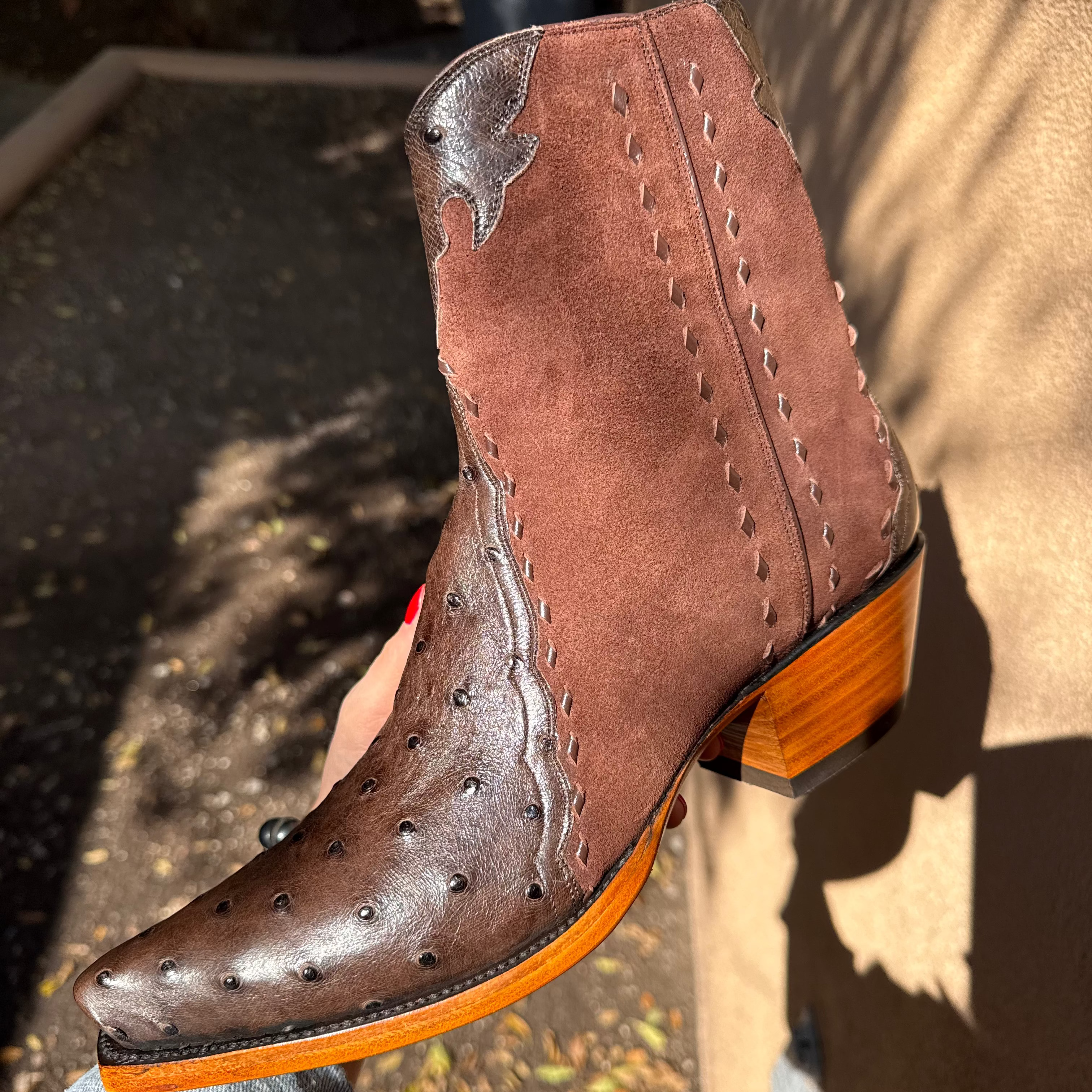 Ostrich with Nubuck Ankle Zipper - Nicotine - Back at the Ranch