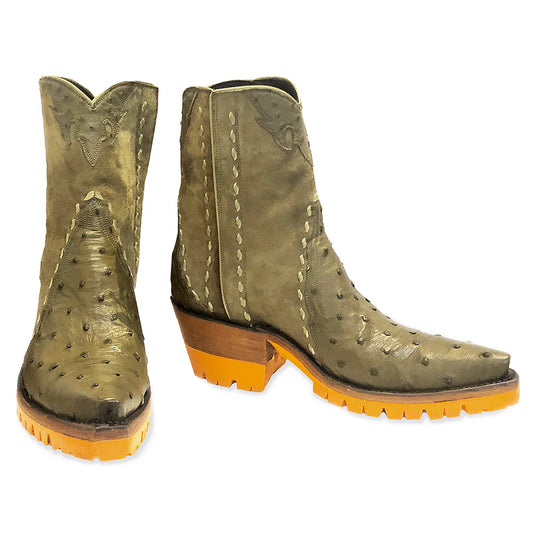 Ostrich with Pigsuede Ankle Zipper with Orange Vibram - Olive - Back at the Ranch
