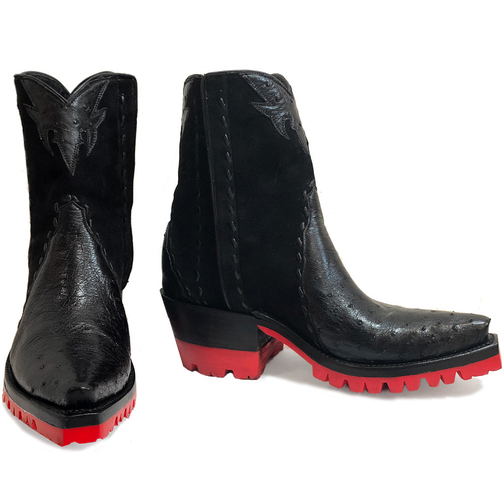 Ostrich with Nubuck Ankle Zipper with Red Vibram - Black - Back at the Ranch